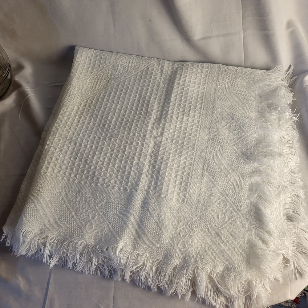 Vintage 36x36" Acrylic Baby Baptism Receiving Blanket White Fringe